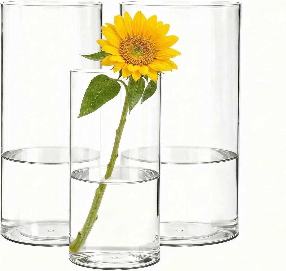 Clear Acrylic Cylinder Vase Set, 3 Pack Shatterproof Plastic Vases (3.9”x7.9”, 4.7”x9.8”, 5.9”x9.8”) for Home & Wedding Decor