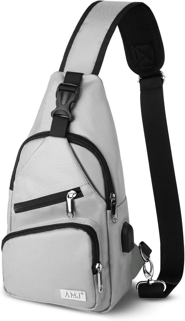 AMJ Crossbody Sling Bag Men Women, Casual Shoulder Backpack, Chest Daypack Satchel for Hiking Travel (Large, White Gray)