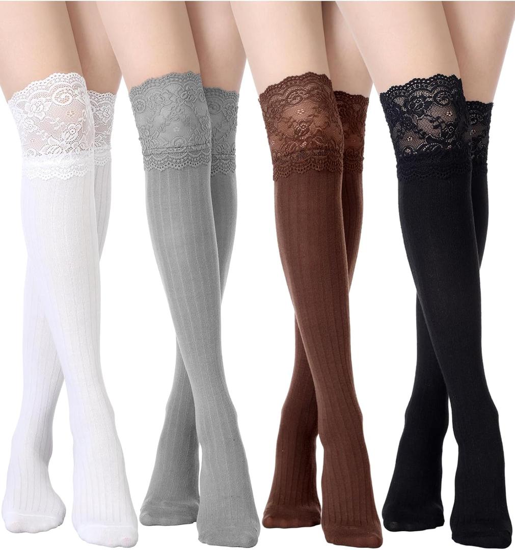 Fourluoo 4 Pairs Women's Lace Socks Long Knee High Socks Kawaii Lace Top Lolita Boot Stockings (Black, White, Coffee, Gray), One Size
