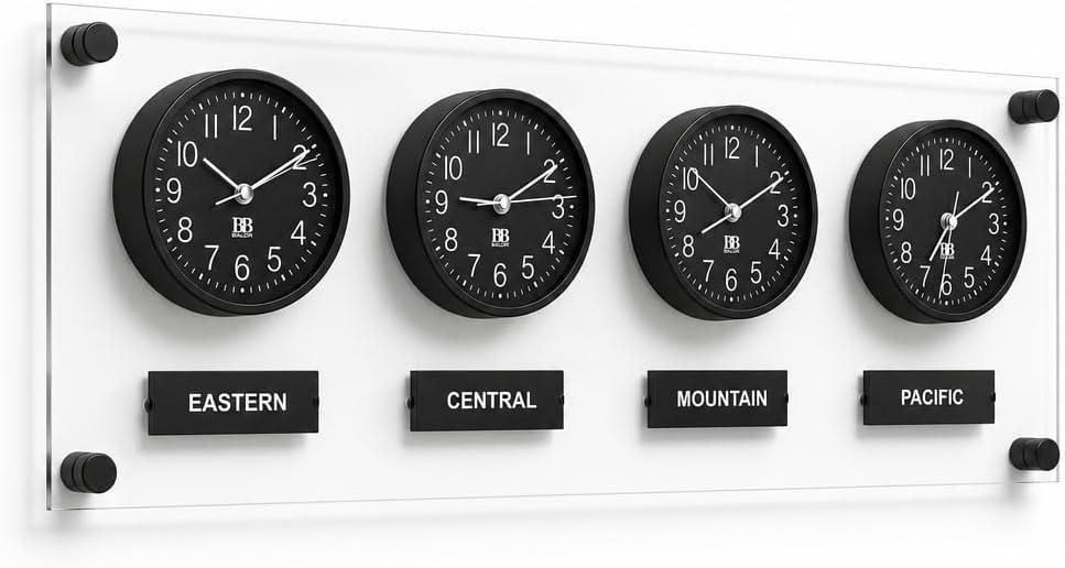 BBHORAIRE Black Time Zone Wall Clock, Silent Quartz Analog World Clock for Home or Office, Battery Operated, 32x12 Inch