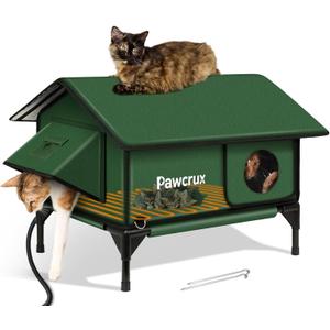 100% Waterproof Heated Cat House for Outdoor Cat with Safe Escape Door, Cat Bed Weatherproof Cat Shelter Kitty with Cat Heating Pad, Insulated Warm House for Feral Cat(Green, 24"x16"x20.2")