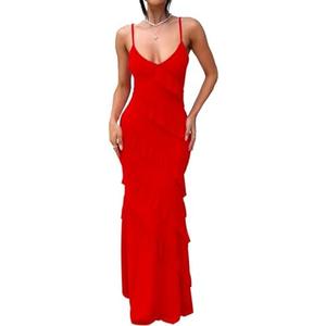 HOCILLE Women's Sexy V Neck Backless Bodycon Spaghetti Strap Elegant Ruffle Maxi Cocktail Party Dresses, Size S