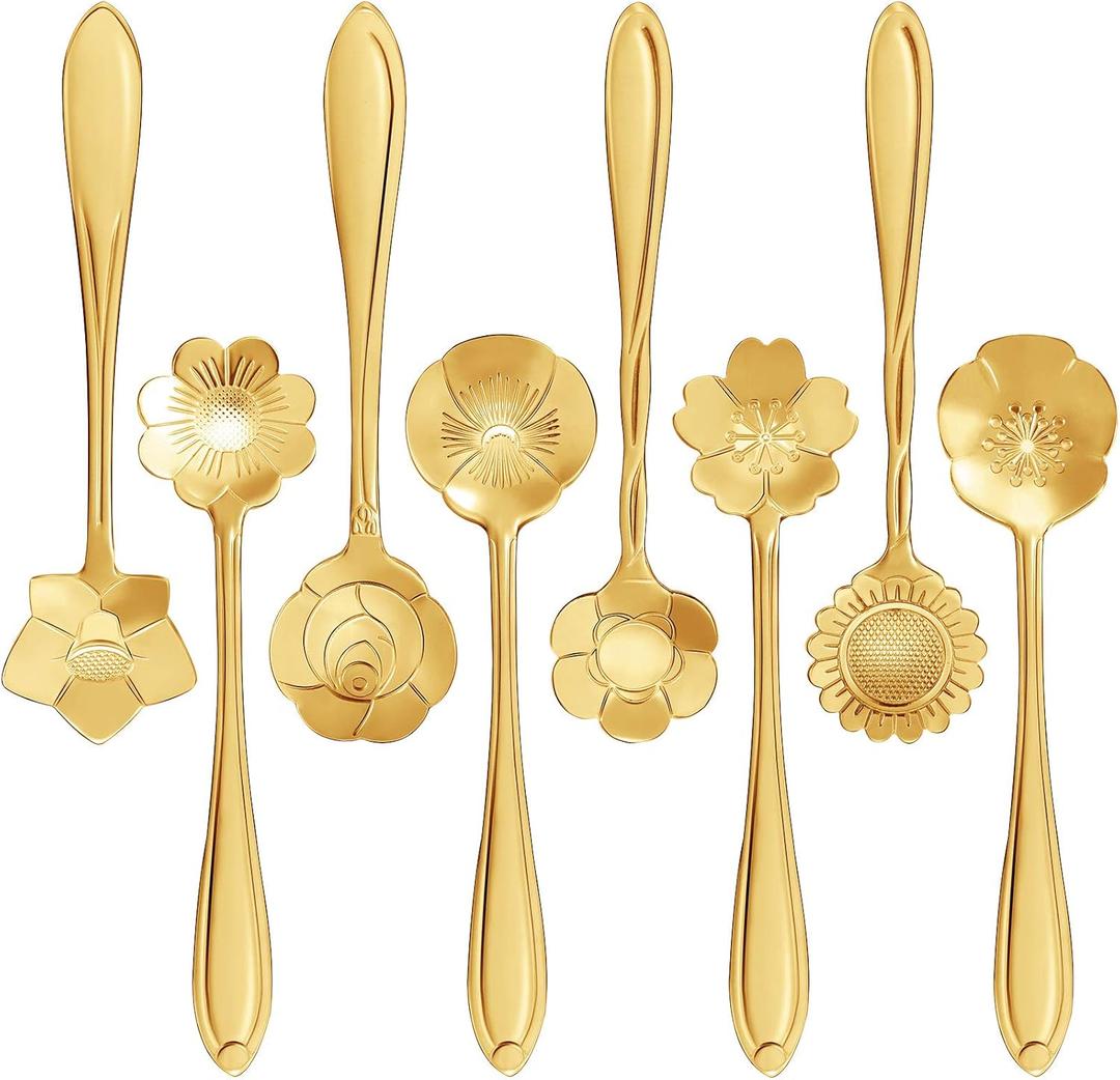 Maitys 16 Pieces Stainless Steel Flower Coffee Spoon Dessert Sugar Ice Cream Stirring Tea Spoon Set for Tableware Kitchen, Cafe or Bar(Gold)