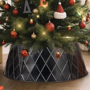 Lanpn Metal Christmas Tree Collar 20 inch, Christmas Tree Ring Collar for Small Mini Pencil Xmas Stand Cover Real Artificial Trees Indoor Outdoor Decoration (Black, Diamond)