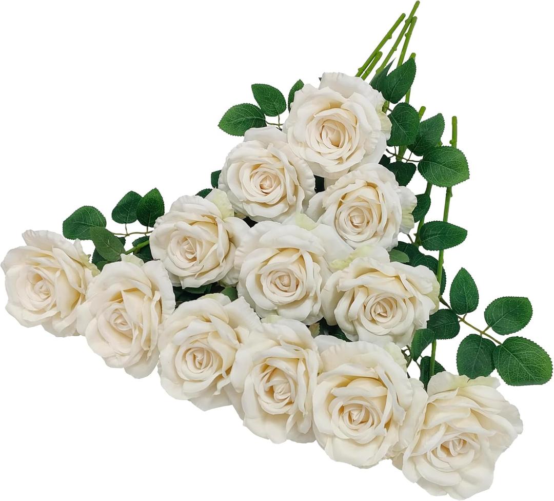 ATFL Ivory Roses Artificial Flowers, Fake Roses Bulk, 12 Pcs, Flower Diameter 4'', Faux Silk Rose Flowers with Stems for Wedding Arrangement, Centerpieces, Party, Home Table Decorations, Flores Artificiales