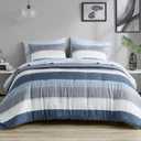 Madison Park Essentials Jaxon Bed in a Bag Comforter Set with Sheet, Printed Stripe Design, Modern All Season Bedding and Matching Sham, California King Blue/Grey 7 Piece