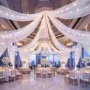 FrohFest 12 Panels White Ceiling Curtains with Lights for Weddings - 5ftx30ft Wrinkle-Free Tulle Fabric Wedding Arch Draping Fabric Ceiling Decorations for Wedding Party Ceremony Stage Tent Event