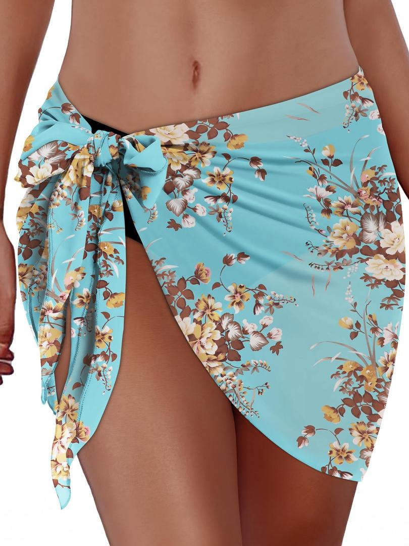 Swimsuit Coverups for Women Sarong Beach Bikini Wrap Sheer Short Skirt Chiffon Scarf for Swimwear (Aqua Blue Floral, 2XL)