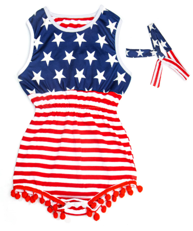 4th of July Baby Girl Outfit Sleeveless Romper US Flag Backless Bodysuit Jumpsuit+Headband