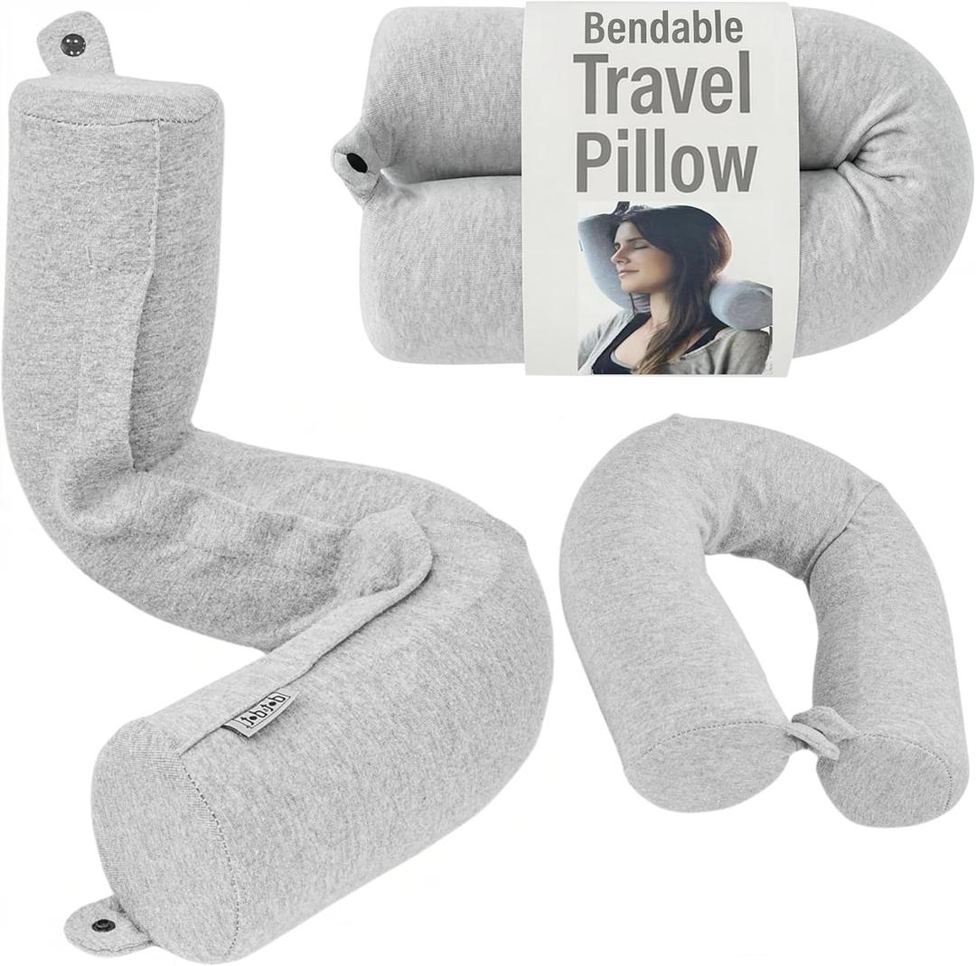 Dot&Dot Twist Memory Foam Travel Pillow for Airplanes - Travel Neck Pillow for Sleeping - Airplane Pillow for Neck Support, Chin, Lumbar and Leg - Adjustable, Bendable Neck Roll Pillow (Gray)