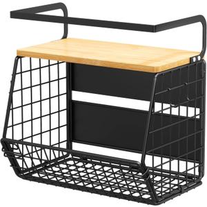 Magnetic Shelf for Fridge with Bamboo Lid, Fruit Vegetable Potato and Onion Wire Basket, Refrigerator Magnetic Spice Rack for Countertops, Cabinets, Laundry Rooms and RVs (Black)