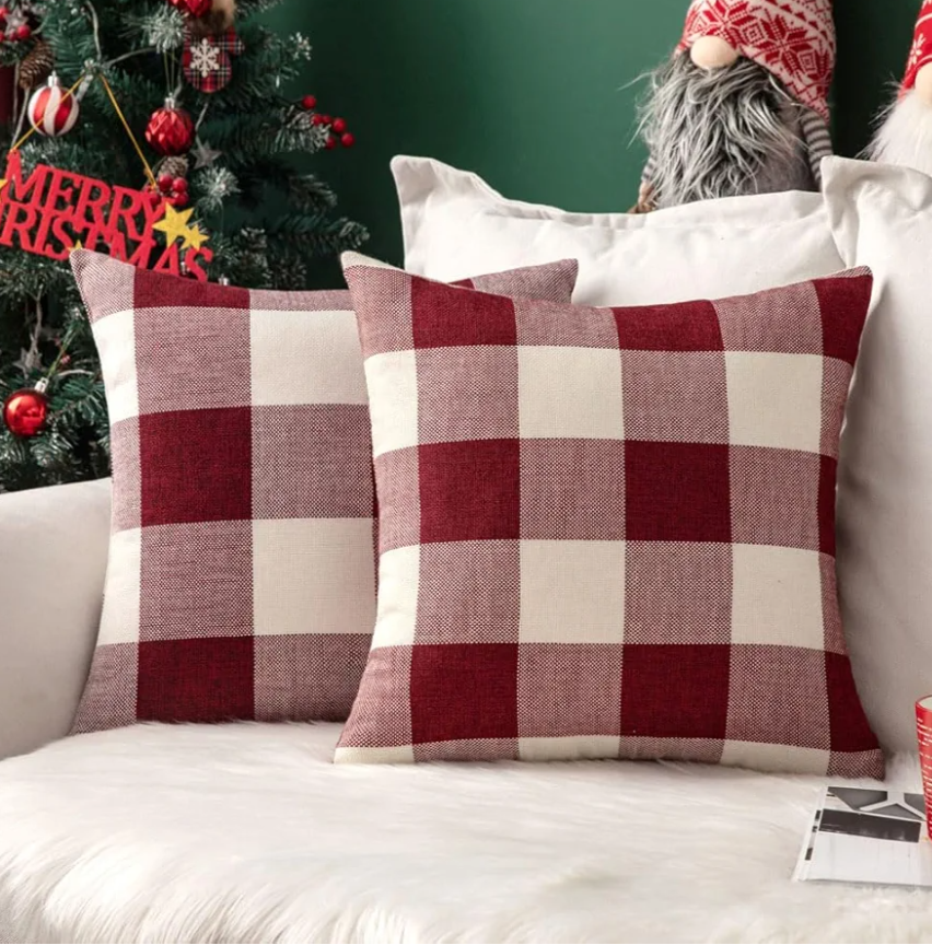 MIULEE Pack of 2 Christmas Classic Farmhouse Buffalo Check Plaids Polyester Linen Soft Solid White and Red Decorative Porch Throw Pillow Covers Home Decor Cushion Case for Sofa Bedroom 22 x 22 Inch