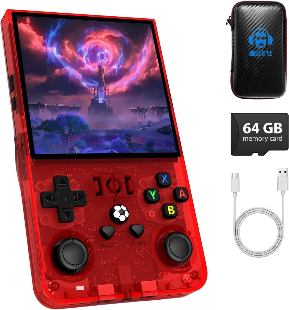 R36MAX Handheld Game Console, Retro Gaming Console with 4000mAh Battery 4.0IPS Screen, Open Source Linux System, with 64GB TF Card Portable Video Gaming Console, Transparent Ruby