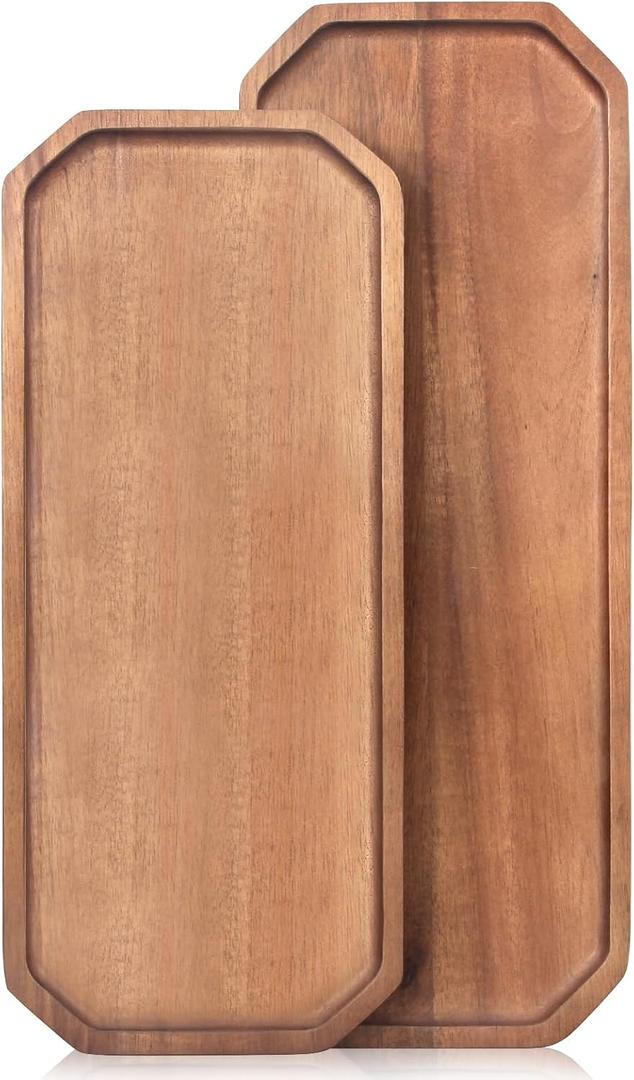 Renawe Set of 2 Wooden Serving Platters Food Tray Charcuterie Boards Large Acacia Wood Trays for Kitchen Counter Wood Charcuterie Platter Dish Candle Tray Fruit Cheese Serving Board (16"x 6" & 14"x 6")