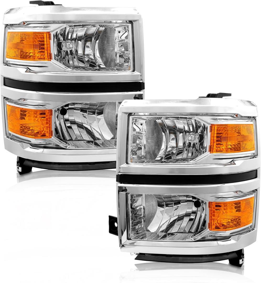 for 2014 2015 Chevy Silverado 1500 Headlight Assembly Halogen Factory OE Style Chrome Housing with Amber Reflector Left and Right Pair