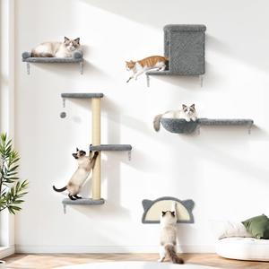 5-in-1 Cat Wall Shelves, Solid Wood & Velvet & Sisal Scratcher, 44lbs Max Load, Wall Mounted Cat Furniture for Climbers, Cat Climbing Wall System, Fits Drywall & Solid Walls - Light Gray