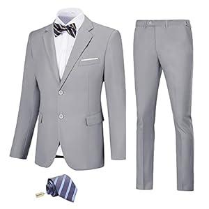Men's Suit Slim Fit 2 Piece Grey Suits for Men Solid Jacket Pants with Tie Prom Wedding Homecoming Tuxedo Set, Medium