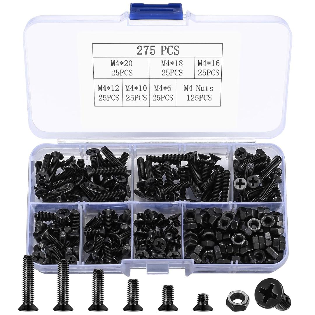 M4 Flat Head Machine Screws and Nuts Kit, 275 Pcs Black Countersunk Head Phillips Screws Bolts Hex Nuts Assortment Kit - M4 x 6mm/ 10mm/ 12mm/ 16mm/ 18mm/ 20mm (One Size)