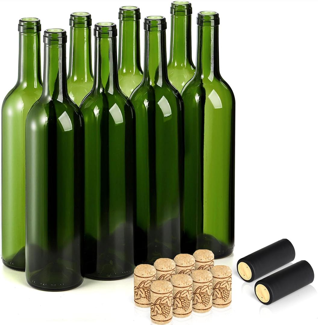 DEAYOU 8 Pack 750ml Bordeaux Wine Bottles, Glass Clear Bottles with 8 Corks and 8 PVC Shrink Capsules, Flat-Bottomed Empty Bottle for Claret, Liquor, Champagne, Juice, Beverages, Decor, Antique Green