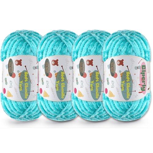 4 Skeins Fluffy Chenille Yarn for Crocheting - Chunky Velvet Yarn for Scarves Shawls, Baby Blankets, Hats Plush Toys, Plush Yarns Each Skein 49.2yd, 3.5oz (Lake Blue)
