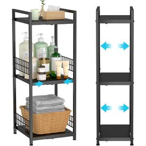 3-Tier Metal Shelving Unit, Expandable, Free-Standing, Narrow, Open Floor Shelves, Ideal for Bathroom, Kitchen, Laundry, Storage, Organization (Black)
