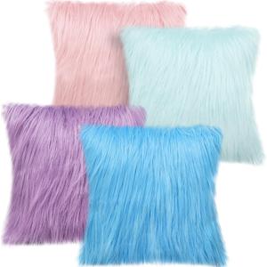 Irenare 4 Pack Faux Fur Throw Pillow Covers Square Cushion Cover Fuzzy Pillow Case Soft Decorative Pillowcase for Sofa, Couch, Chair, Bed, 16 x 16 Inch (Purple, Blue, Pink, Green)
