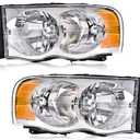 PIT66 Headlight Assembly Compatible with 2002-2005 Dodge Ram 1500/03-05 Dodge Ram 2500 3500 Halogen Headlamp Pair Replacement Part Clear lens Chrome Housing Amber Reflector