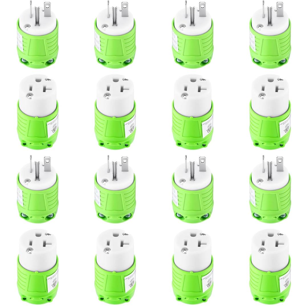 Xuhal 8 Sets 5-20 Extension Cord Ends 20 Amp 125 Volt Electrical Replacement Plug and Connector, 2 Pole, 3 Wire Grounding, Industrial Grade, Straight Blade, ETL Listed (Green)