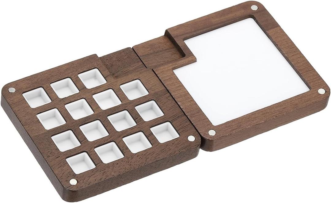 PATIKIL 15 Grids Mini Portable Palette, Walnut Sketchbook Watercolor Palette, Mixing Tray Pocket Magnetic Travel Paint Palette for Painters Artists Acrylic Painting, Dark Brown