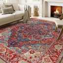 Area Rugs for Living Room - 5x7 Area Rugs, Machine Washable Rugs 5x7, Non-Slip, Stain Resistant Soft Boho Vintage Large Carpet Low Pile Thin Rugs for Living Room Bedroom (Red/Blue)