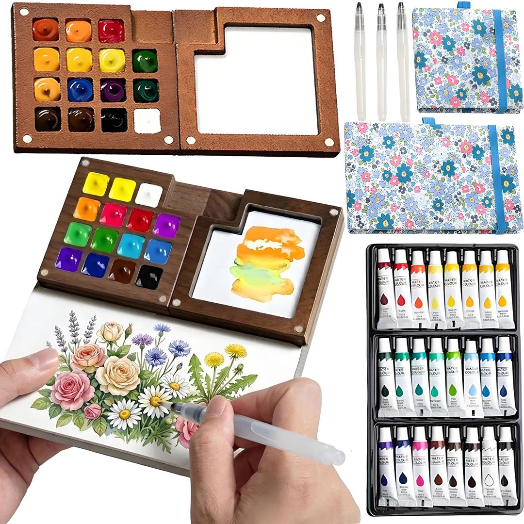 Mini Watercolor Travel Paint Palette Set,Pocket Artist Water Color Travel Set,With Paint,Brush,Sketchbook & Copper Clip,For Beginners,Artists & Painting Enthusiasts (15 Grids)