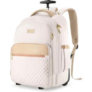 Arcoyard Rolling Backpack For Adults With Wheels, 40L Wheeled Backpack For Women, Travel Roller Backpacks, Carry On Luggage, Rolling Bag, Beige (17-inch)