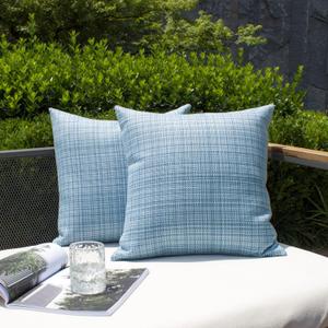 Kevin Textile Pack of 2 Decorative Outdoor Waterproof Throw Pillow Covers Stripe Square Pillowcases Modern Cushion Cases for Patio Couch Bench 18 x 18 Inch Light Blue