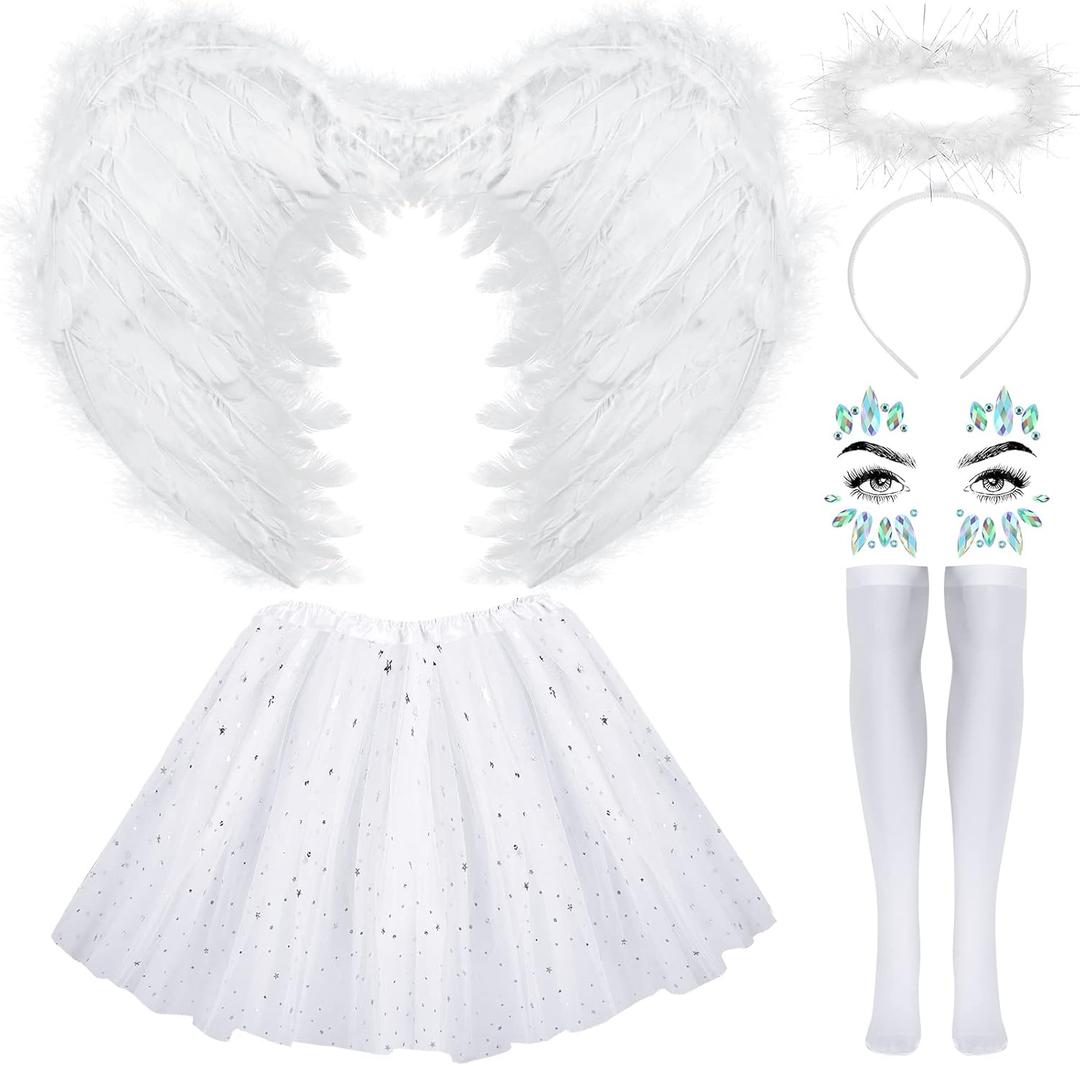 Hillban Halloween Angel Costume Angel Feather Wings Tutu Skirt Angel Headband and Devil Horns Socks Gems Stickers for Women (Angel, Kid Size)