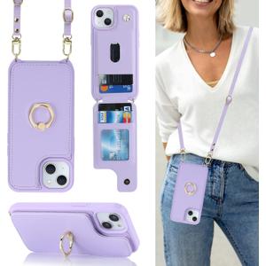 Lipvina for iPhone 15 Plus Case with Card Holder and Strap for Women,Crossbody Lanyard,RFID Blocking,Stand Ring Kickstand,Snap Clasp,Phone Wallet Cases 6.7 inch(Purple)