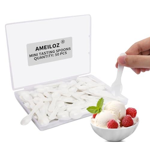 AMEILOZ 50PCS 3" Mini Tasting Spoons Tiny Plastic Taster Spoon for Yogurt Pudding Jello Shots Ice Cream, Extra Small Sample Micro Spoons (White)