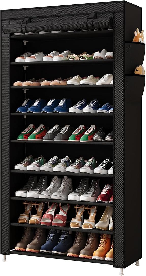 Laiensia 9-Tier Vertical Shoe Rack Organizer, Space Saving Shoe Storage Organizer, Non-Woven Cover Shoe Shelf Holds 36-45 Pairs for Bedroom, Hallway, Closet Entryway, Black