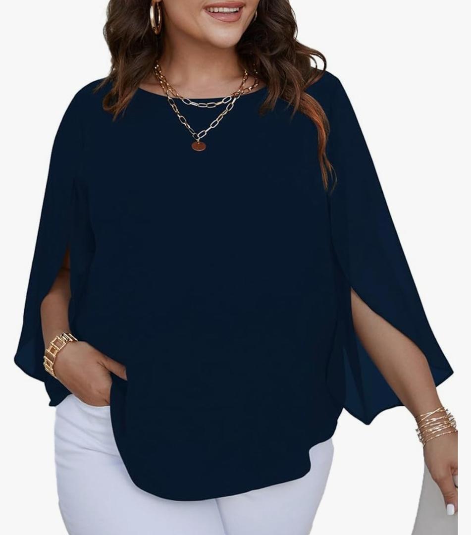 SCOMCHIC Plus Size Blouses for Women Summer Chiffon 3/4 Sleeve Tunic Tops Dressy Scoop Neck Casual Loose Flowy Shirts 3XL