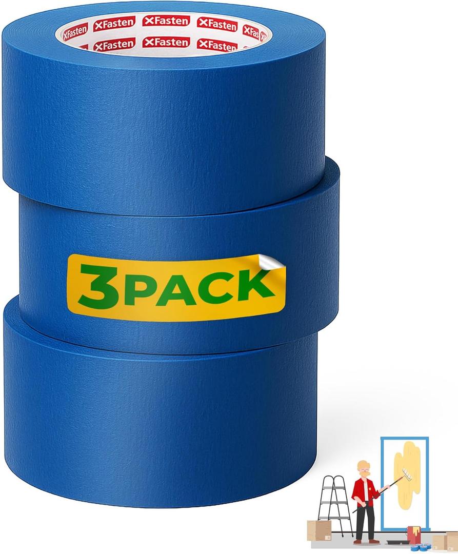 XFasten Blue Painters Tape 3 Inch Wide x 180 Feet Bulk (3-Pack, 540ft Total) Wall Safe UV-Resistant Blue Masking Tape 3 Inch Wide for Indoor and Outdoor Walls, Painting, Wood, Automotive