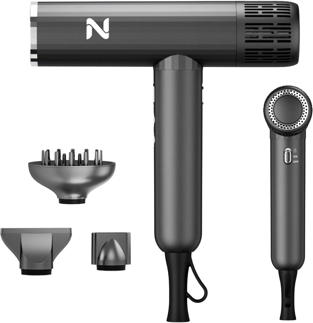 Ionic Salon Hair Dryer with 3 Attachments, 1600W Professional Blow Dryer with 110000RPM High Speed Brushless Motor for Fast Drying, Lightweight, Low Noise, Locking Function, Dark Gray
