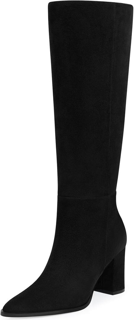 CELLENZ Women Knee High Boots: Comfortable Pointed Toe Tall Boot, Chunky Heel Wide Calf Fall Winter Fashion Long Boots for Office Party Date (8.5, 54 Black Suede)