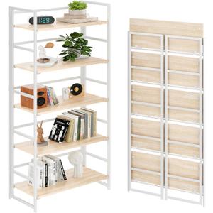 BHG Vintage Multifunctional Folding Bookshelf, No-Assembly Plant Stand Storage Rack Shelves for Home Office (White, 5-Tier)