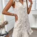 WDIRARA Women's Floral Textured Bow Tie Shoulder Short Dress Ruffle Sleeveless V Neck Tank Dresses (Beige, S)