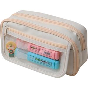Large Pencil Pouch Big Pencil Case Big Capacity Aesthetic Pen Cosmetic Bag Pen Stationery Organizer Simple, College Office Home Travel Storage Bag (Beige)