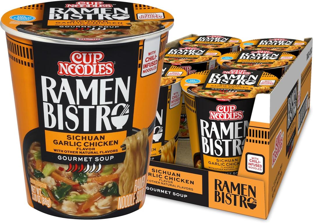 Nissin Cup Noodle Ramen Bistro, Sichuan Garlic Chicken, 3.1 Ounce (Pack of 6) (EXP 09/16/26)