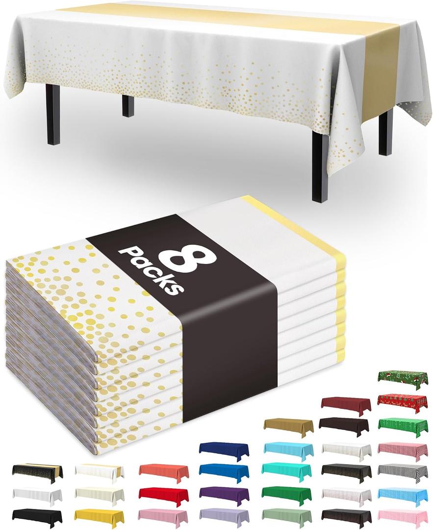 Pureegg Plastic Table Cloth Disposable 8 Pack, 54 x 108 Inch, Table Runner Style, Graduation Decorations 2026, Party Tablecloths, Rectangle, Plastic Cover, Leakproof & Sturdy, White Gold