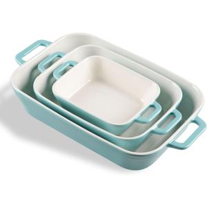 Sweejar Relief Casserole Dishes for Oven, Ceramic 9x13 Baking Pans Set for Cooking, Cake, Banquet and Daily Use, Rectangular Bakeware Set, Porcelain Baking Dish, Lasagna Pan Deep with Handles(Turquoise)
