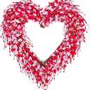 Valentines Day Wreath, 17in Valentines Wreaths for Front Door Outside, Valentines Day Heart Wreath Decorations Decor Outdoor Indoor with Red and Pink Forsythia Heart-Shaped Wooden Sign