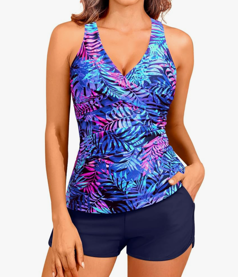 Women Tankini Swimsuits with Shorts - Two Piece Tummy Control Bathing Suits Top with Two Pockets Bottom Swimwear, XXL
