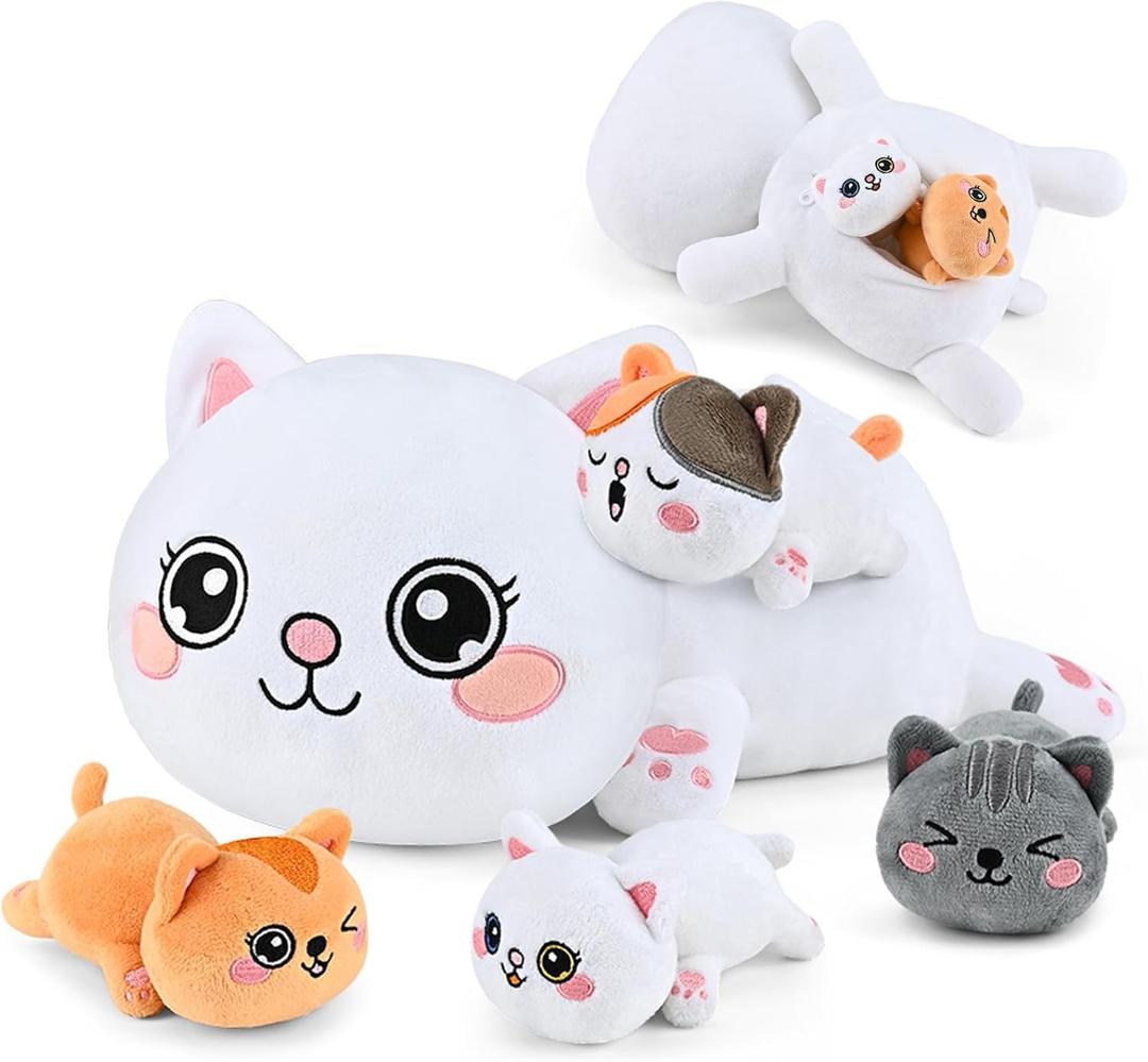 KMUYSL Cat Stuffed Animals Toys for Ages 0 1 2 3 4 5 6 7 8+ Years Old Kids - Mommy Cat with 4 Baby Kitty in Her Tummy, Idea Xmas Birthday Gifts for Baby, Toddler, Girls, Boys